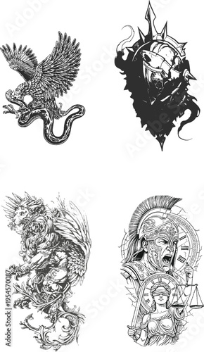 Four black and white illustrations of mythological and historical figures Vector