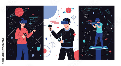 Set of vertical banners showing people using virtual reality headsets to explore space, play games, and engage in futuristic digital simulations.