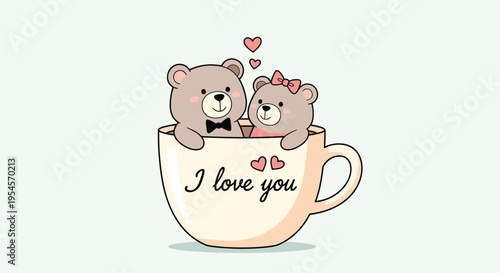 Adorable illustration of two teddy bears sitting together inside a large teacup with hearts and I love you text for a romantic gift card.