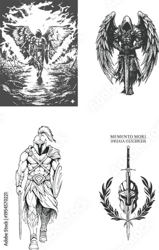 Four different images of warriors and swords Vector
