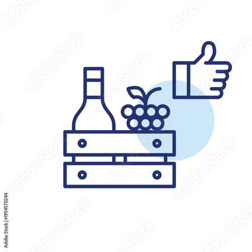 Wine tasting and customer satisfaction. Bottle, grapes in crate and like. Farmer produce. Pixel perfect, editable stroke vector icon
