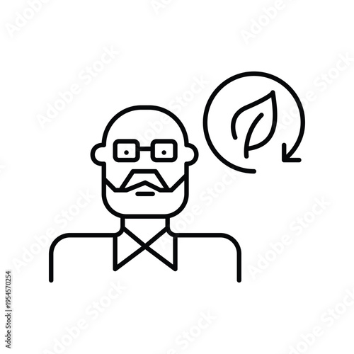 Sustainable user, middle-aged man and leaf in renew arrow. Pixel perfect, editable stroke vector icon