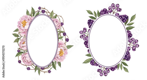 Two elegant oval floral frames decorated with blooming pink peonies, green leaves, and clusters of purple blackberries on a white background.