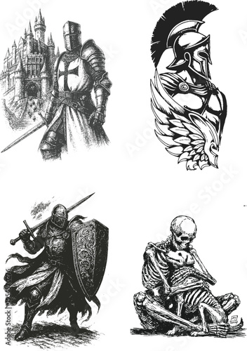 Medieval warriors and mythological figures in black and white Vector