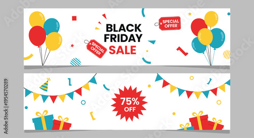 Set of horizontal Black Friday sale banners featuring colorful balloons, special offer tags, celebration bunting, and gift boxes for shopping.