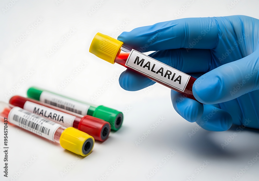 Obraz premium Hand wearing blue nitrile glove holding blood sample test tube labeled malaria