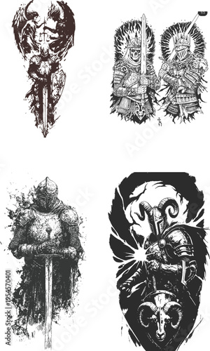 Four different black and white illustrations of warriors and demons Vector