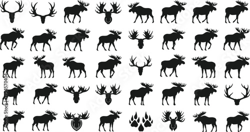 Moose silhouette icon collection, wildlife vector artwork set, antler design graphic, forest animal illustration symbol, flat vector illustration