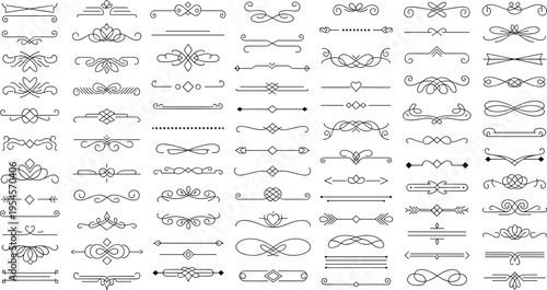 Ornamental divider icon collection, decorative flourish vector artwork set, elegant border design graphic, motif illustration symbol, flat vector illustration