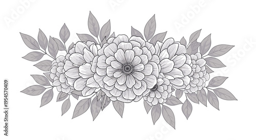 Detailed black and white line art illustration of a dense group of blooming flowers and leaves for adult coloring or minimalist botanical art.