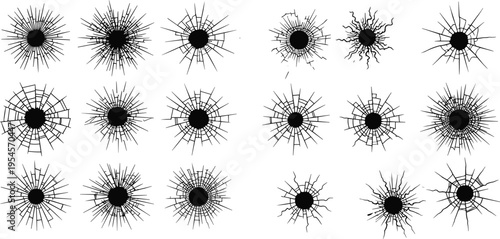 Shattered glass icon collection, bullet hole vector artwork set, broken window design graphic, impact illustration symbol, flat vector illustration