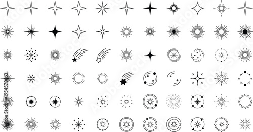 Star celestial icon collection, cosmic vector artwork set, astronomy design graphic, astrology illustration symbol, shooting star flat vector illustration