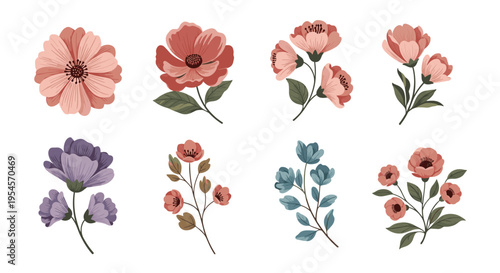 Collection of eight delicate floral branches and flowers in soft shades of pink, purple, and blue with green leaves on a white background.