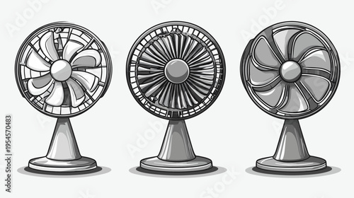 Three electric fans in grayscale, each with different blade designs and a central control
