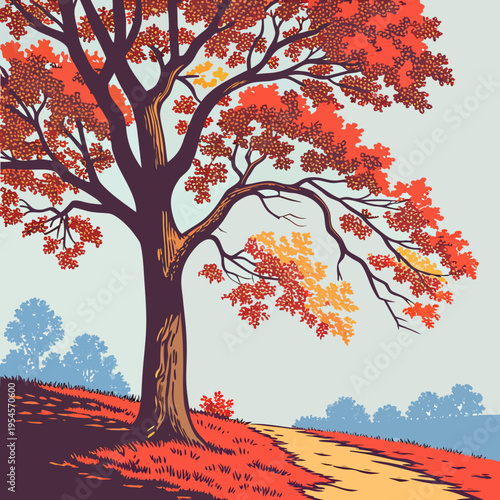 Autumn tree with vibrant foliage on a gentle slope with a winding path in warm, saturated colors for seasonal illustration.