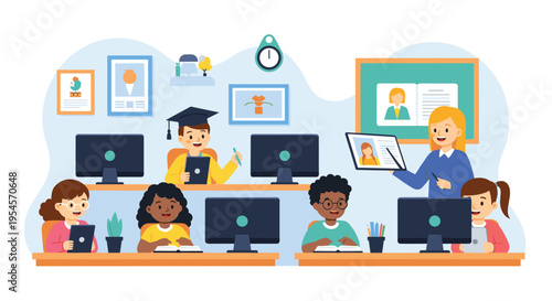 Children sitting in a modern classroom using computers and tablets while a teacher explains a lesson with a digital presentation.