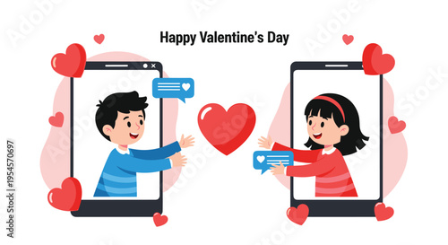 Romantic concept of long distance love showing a man and a woman communicating through smartphone screens on Valentines Day.