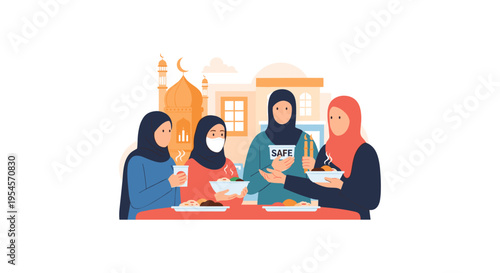 Muslim women in hijab breaking fast during Ramadan with iftar meal