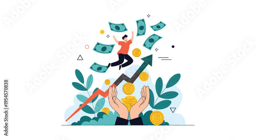 Financial success concept illustration showing a man jumping for joy over an upward trending graph surrounded by money.