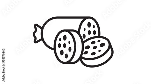 Sausage with slices icon featuring a simple black outline of a whole sausage and three cut pieces with visible speckles
