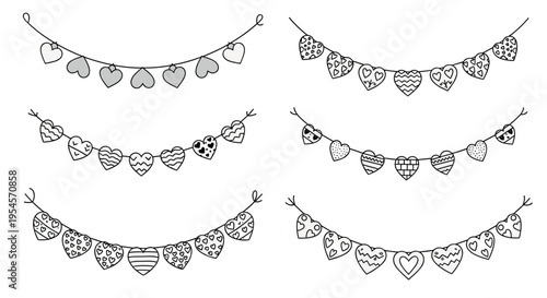 Hand-drawn sketches of various heart-shaped garlands and banners for romantic events, celebrations, or greeting card designs.
