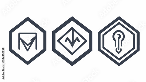 Three minimalist logos in hexagonal frames with unique internal shapes