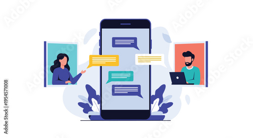 Modern communication concept showing a man and a woman chatting on their devices with speech bubbles coming from a smartphone.