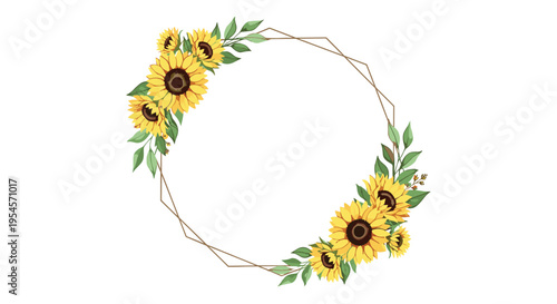 Beautiful circular sunflower wreath combined with a geometric gold frame for bright and summery greeting cards or posters.