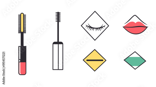 A collection of beauty product icons mascara, closed eye, lips, and diamonds with simple color fill