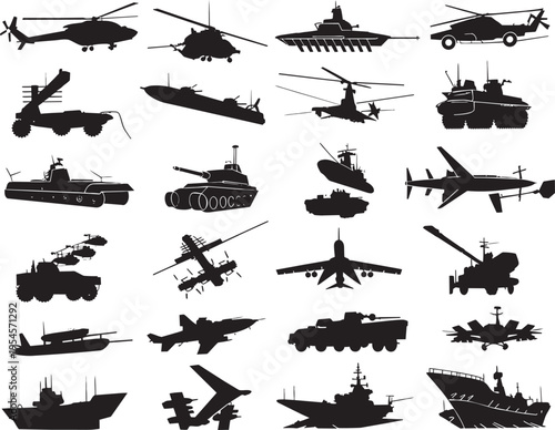Set of military vehicles and aircraft silhouettes, army war equipment icons including tanks, helicopters, fighter jets, and navy warships for defense and military design.
