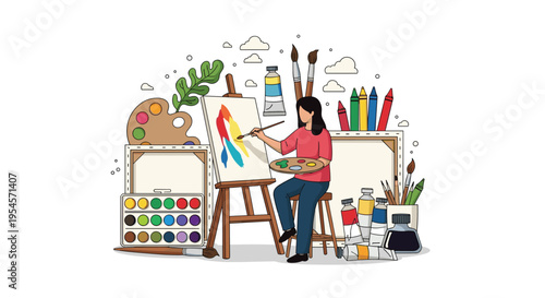 Creative female artist sitting on a stool and painting on a canvas surrounded by art supplies like brushes, tubes, and palettes.