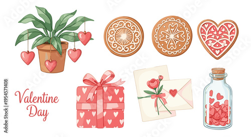 Charming valentine day set with heart plant, gingerbread cookies, gift box, love letters, and a bottle filled with hearts for romance.