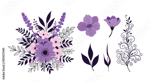 Beautiful purple and pink flower bouquet with lavender and foliage accompanied by separate floral elements for custom design projects.