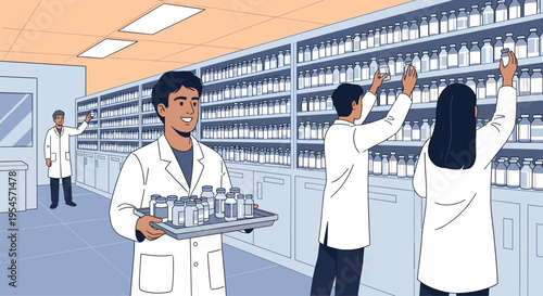 Professional team of scientists or pharmacists in white coats working in a laboratory or pharmacy setting with shelves full of bottles.