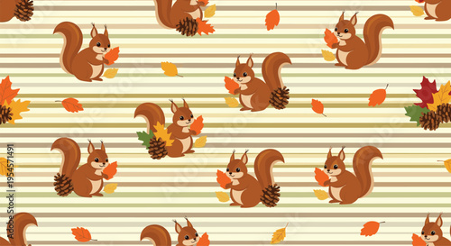 Seamless autumn pattern featuring cute brown squirrels holding leaves and pine cones on a warm striped background for seasonal design.