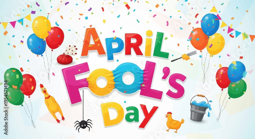 Colorful april fools' day celebration with balloons and confetti