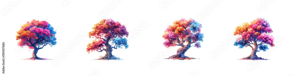 Fototapeta premium Stylized trees with colorful abstract splatter, objects as isolated on transparent background