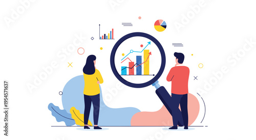 Professional man and woman analyzing business charts and financial data through a large magnifying glass for success and growth.