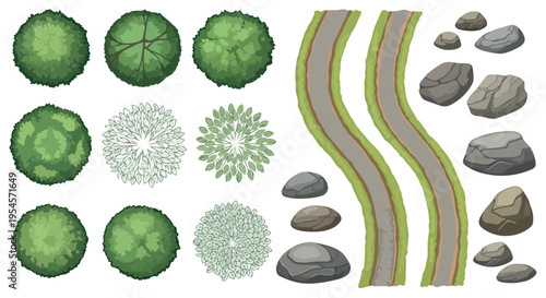Top view vector set of various green trees, bushes, winding roads, and natural grey rocks for landscape design and architectural plans isolated PNG with Transparent Background