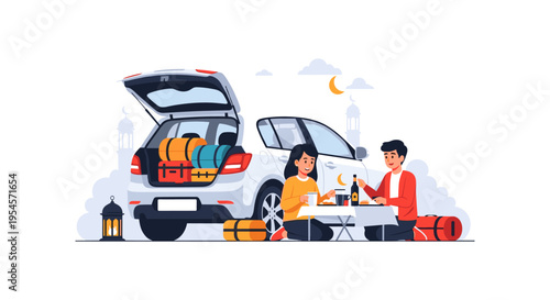 Couple on romantic picnic beside car at night