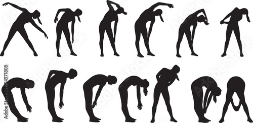 Collection of black silhouettes of people stretching and bending
