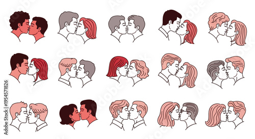 Diverse Couples Kissing - Romantic Embrace Collection