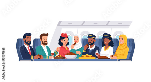 Diverse airline passengers and flight attendant enjoying in-flight meal