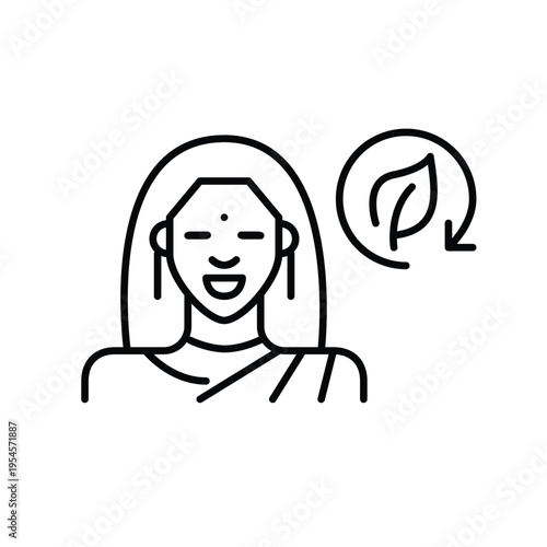 Indian woman, leaf and renew arrow. Sustainable users form Asian. Eco living and practices. Pixel perfect, editable stroke vector icon