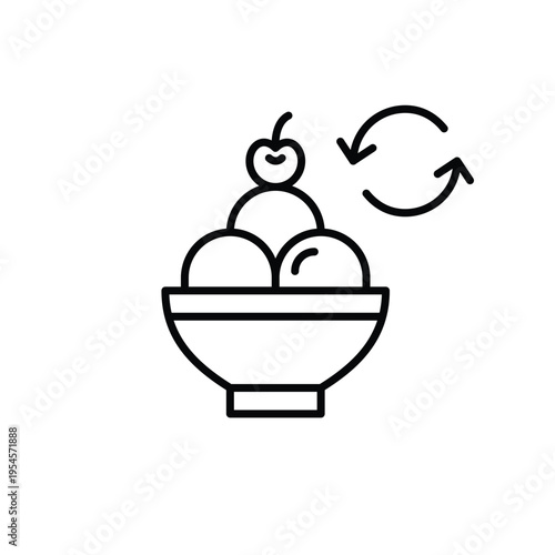 Ice cream in a bowl, cherry and renew arrows. Frozen food shelf life, sustainable ingredients and recipes. Pixel perfect, editable stroke vector icon