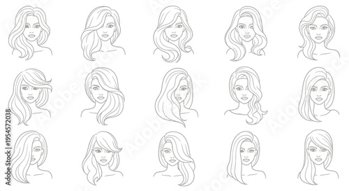 Diverse Female Hairstyles Collection: Line Art Portraits