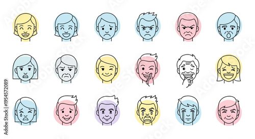 Diverse Human Emotions, Facial Expressions Set, Cartoon Style Icons