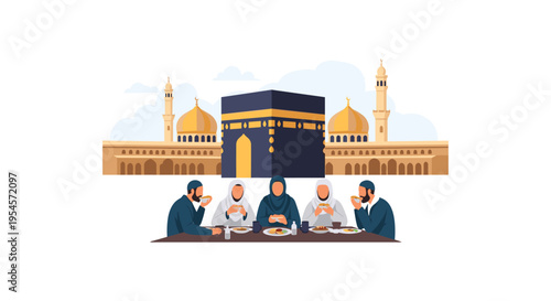Illustration of Muslim men in discussion with Kaaba and mosque background