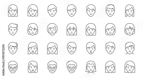 Diverse Human Faces Icons Set - Emotion and Expression Line Art