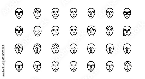 Diverse Human Faces Icons Set, Minimalist Line Art Collection